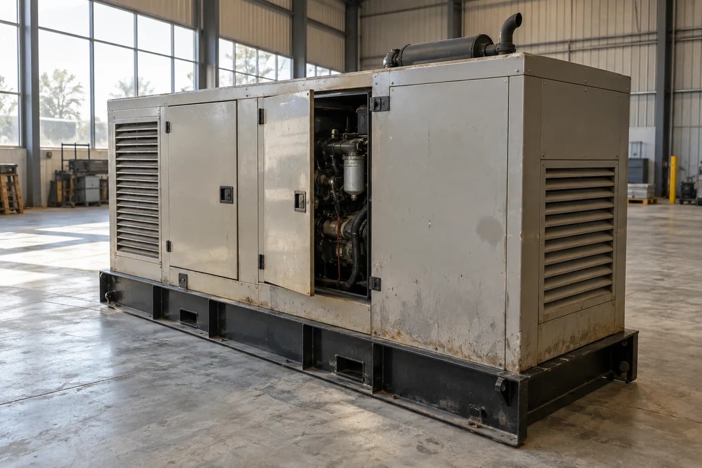 Illustrative used industrial generator in a warehouse